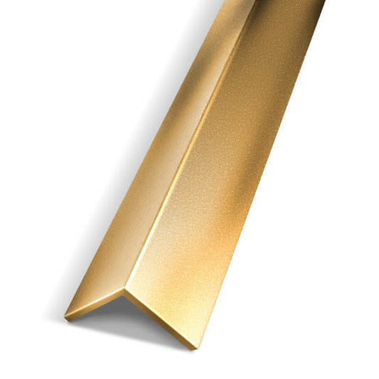 The Landmark Decor Bright Gold Interior WPC Panel Corner is displayed against a white background, featuring a textured surface ideal for finishing wall panel corners and enhancing modern interiors.