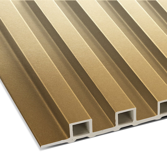 Close-up of the Landmark Decor Matte Champaign Gold WPC Fluted Slat Wall Panel, featuring a rectangular, grooved design and white core—an elegant accent for stylish interiors—shown against a white background.