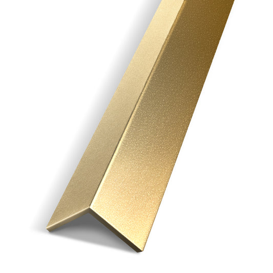 A Landmark Decor Matte Champaign Gold Interior WPC Panel Corner lies diagonally on a white background, its subtly textured L-shape accentuating wall edges and elevating any interior design project.