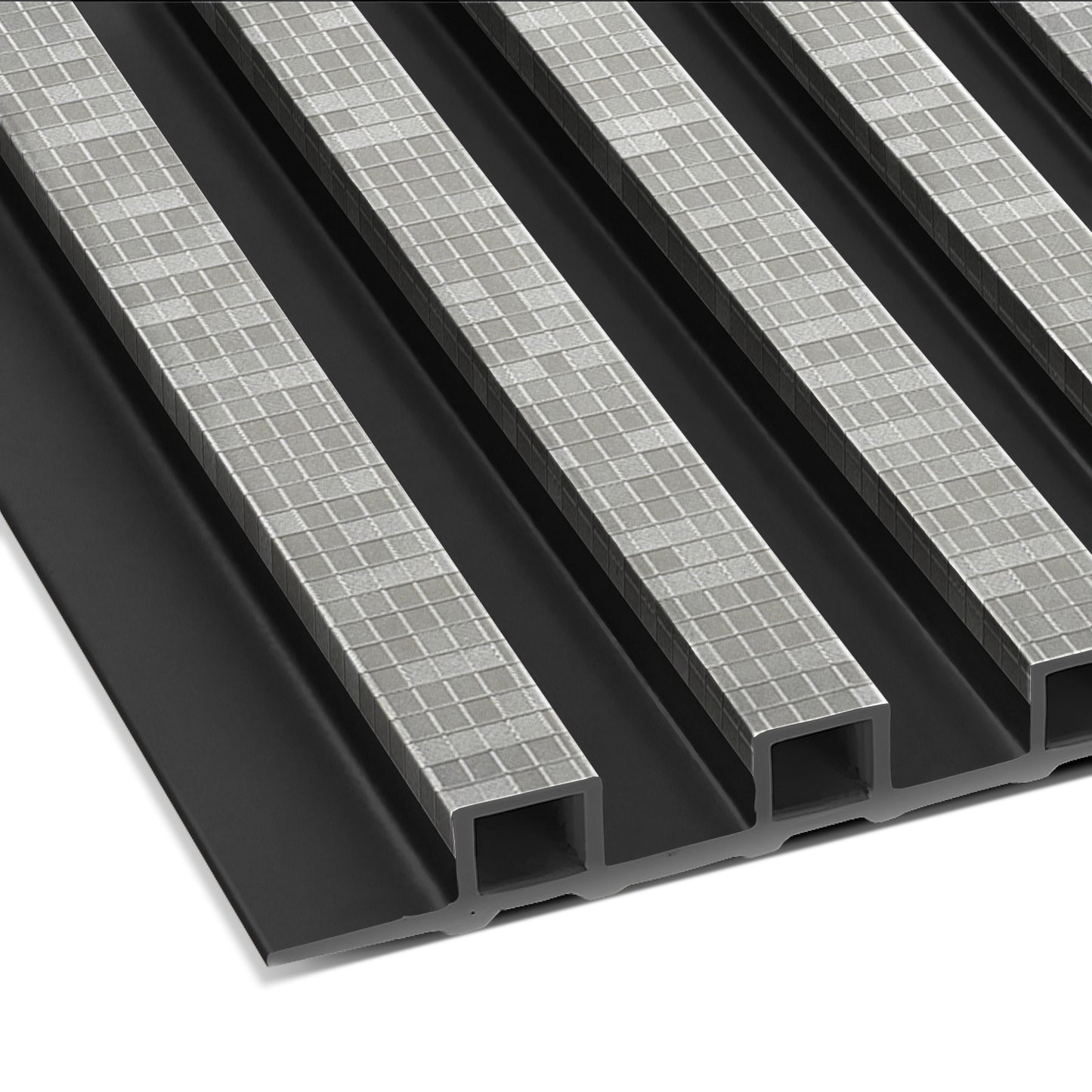 Close-up of Landmark Decor's Urban Mist Mosaic WPC Fluted Slat Wall Panel in black, highlighting grooved surfaces and checkered metal strips—ideal for modern accent or contemporary interior wall paneling.