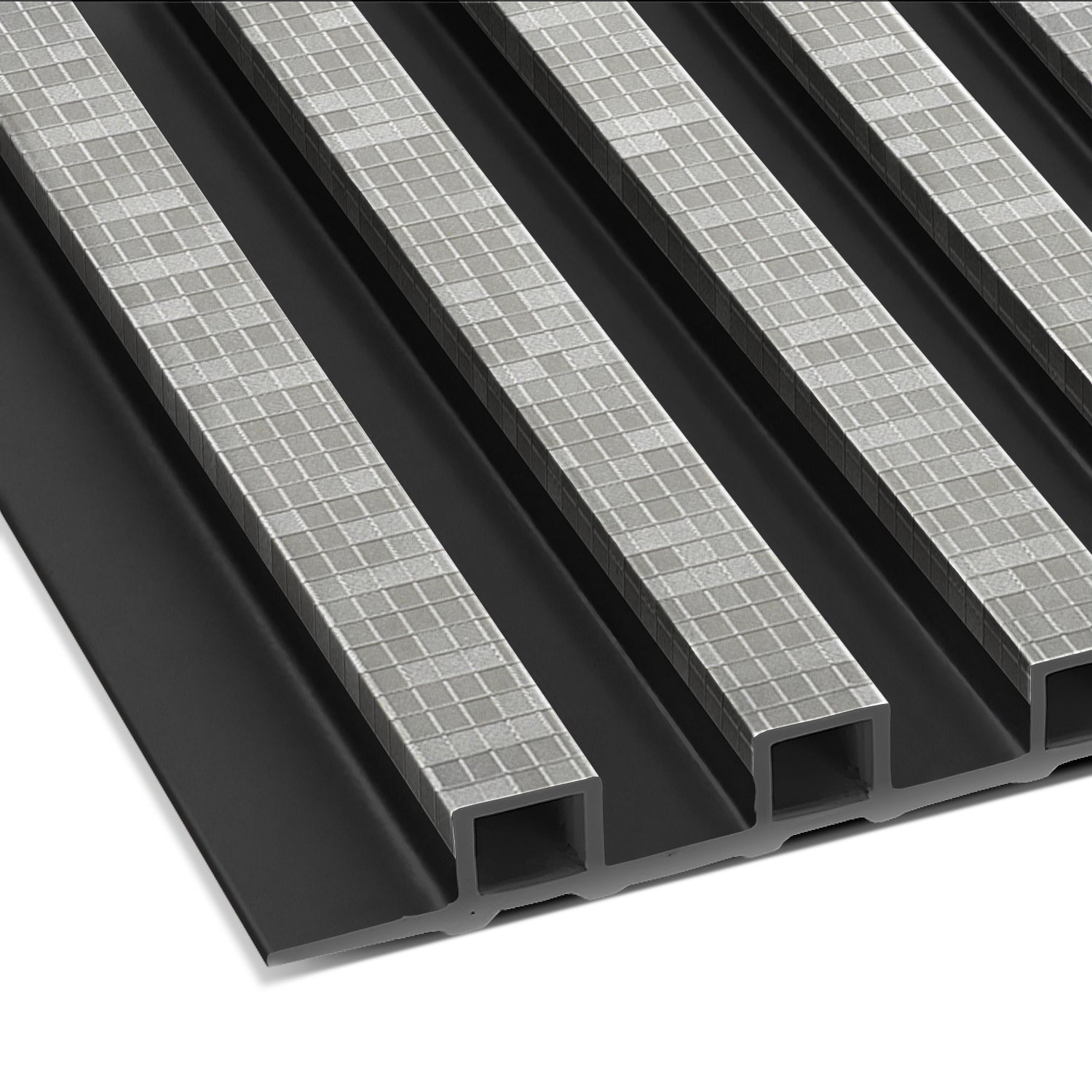 Close-up of Landmark Decor's Urban Mist Mosaic WPC Fluted Slat Wall Panel in black, highlighting grooved surfaces and checkered metal strips—ideal for modern accent or contemporary interior wall paneling.