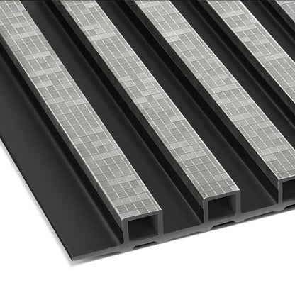 Close-up of Landmark Decor's Urban Mist Mosaic WPC Fluted Slat Wall Panel in black, highlighting grooved surfaces and checkered metal strips—ideal for modern accent or contemporary interior wall paneling.