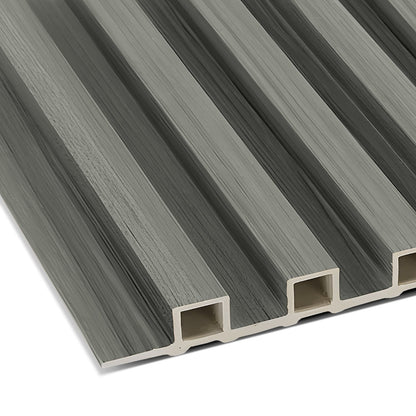 A close-up view of Landmark Decor’s Light Gray WPC Fluted Slat Wall Panel, featuring rectangular hollow channels—ideal for creating modern accent walls.