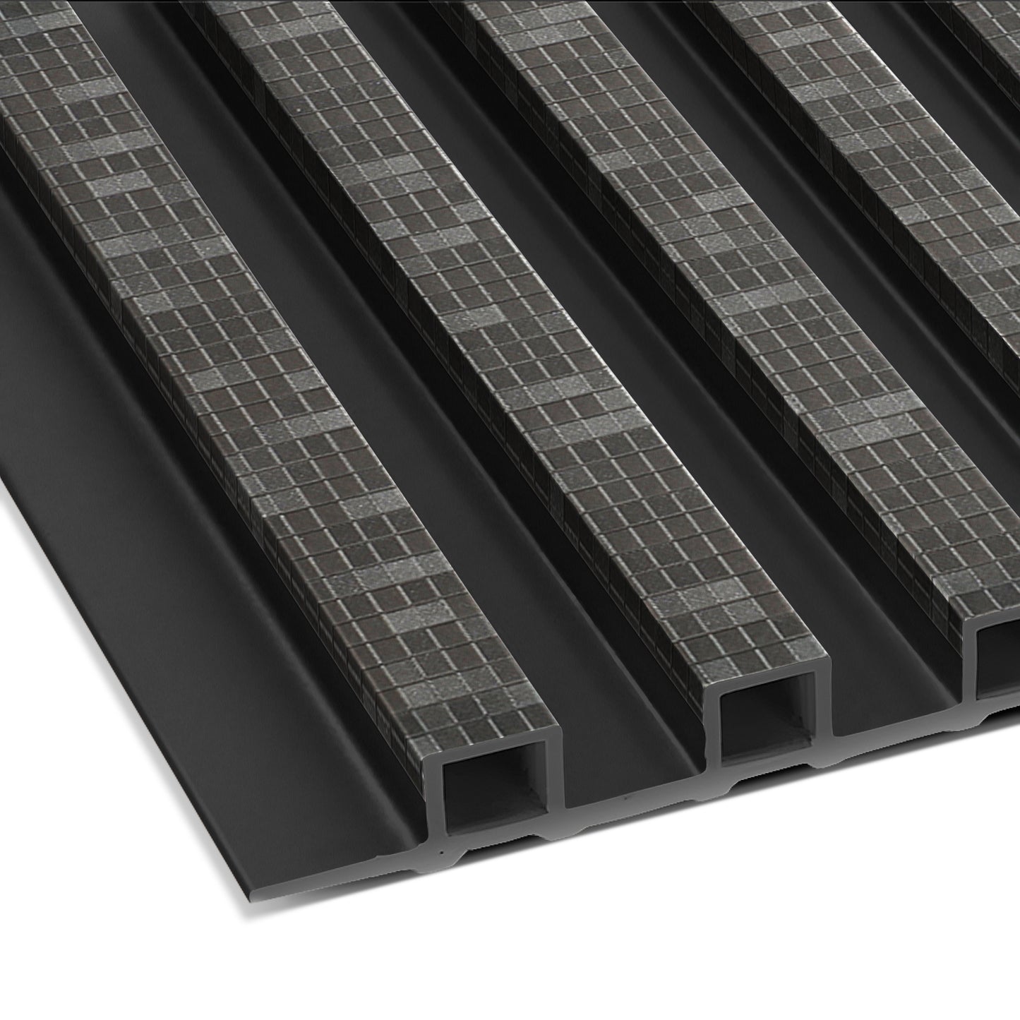 The Landmark Decor Obsidian Gridstone WPC Fluted Slat Wall Panel features black metal cladding with evenly spaced raised rectangular ridges and a gray grid-like texture—perfect for bold accent walls or modern interiors.