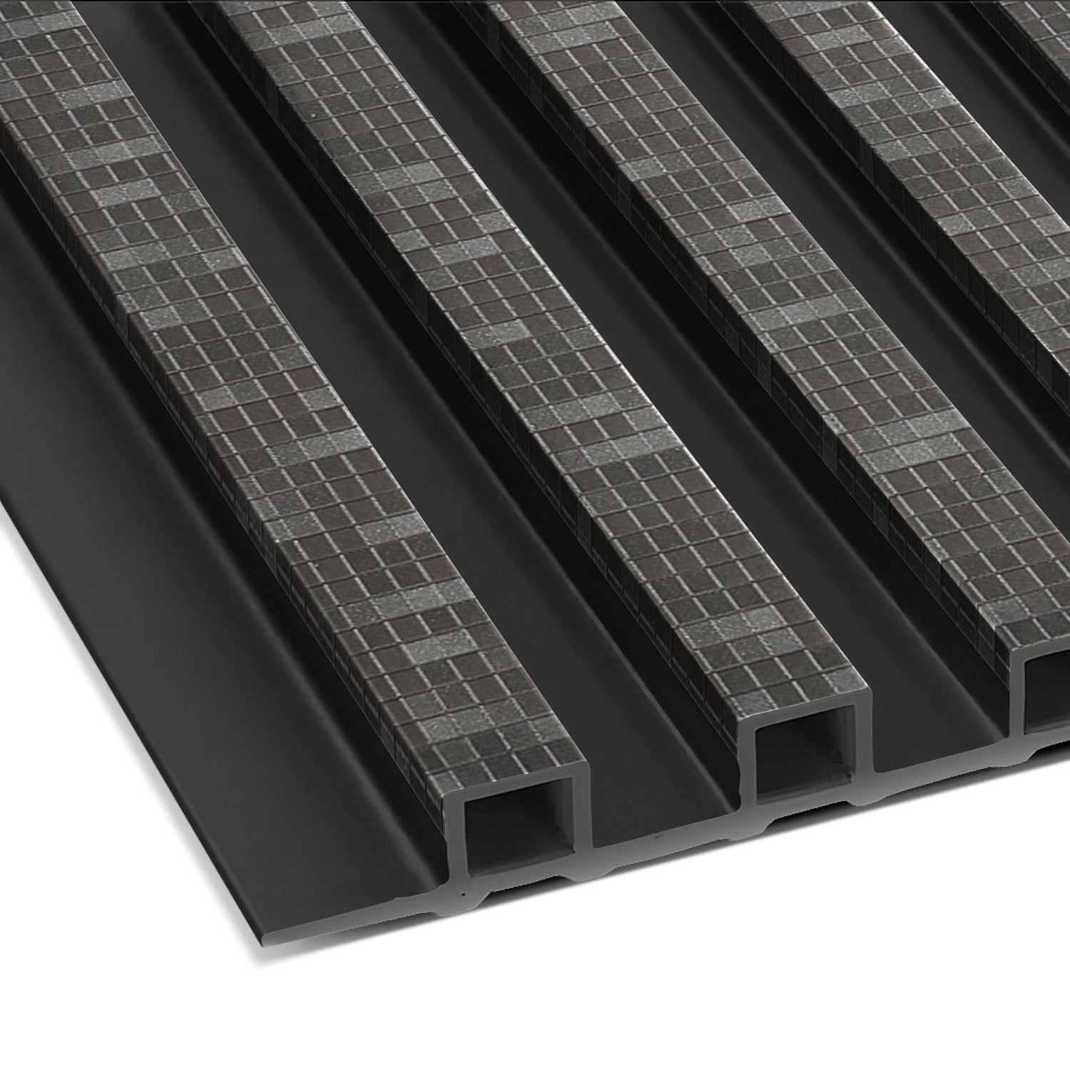 The Landmark Decor Obsidian Gridstone WPC Fluted Slat Wall Panel features black metal cladding with evenly spaced raised rectangular ridges and a gray grid-like texture—perfect for bold accent walls or modern interiors.