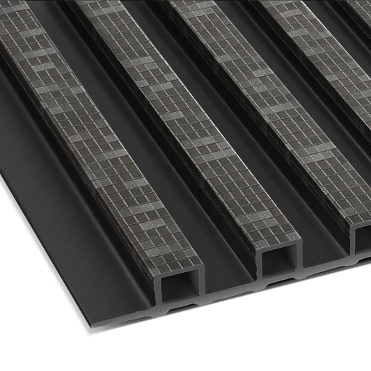The Landmark Decor Obsidian Gridstone WPC Fluted Slat Wall Panel features black metal cladding with evenly spaced raised rectangular ridges and a gray grid-like texture—perfect for bold accent walls or modern interiors.