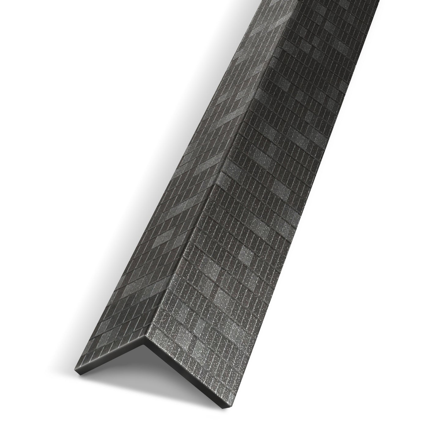 The Landmark Decor Obsidian Gridstone Interior WPC Panel Corner is a black, L-shaped metal angle with a textured surface, designed for neat panel junctions or corners, shown against a white background.