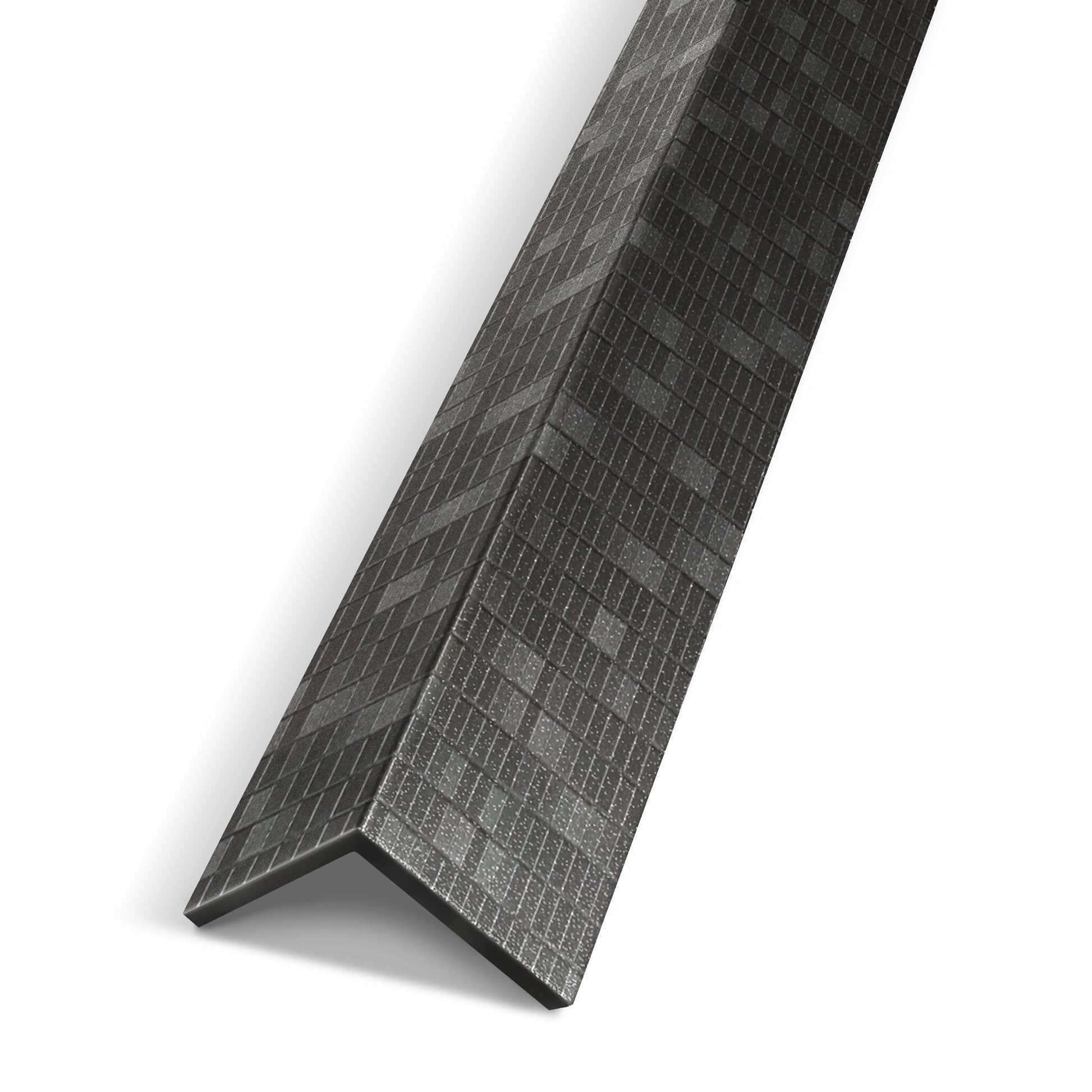 The Landmark Decor Obsidian Gridstone Interior WPC Panel Corner is a black, L-shaped metal angle with a textured surface, designed for neat panel junctions or corners, shown against a white background.