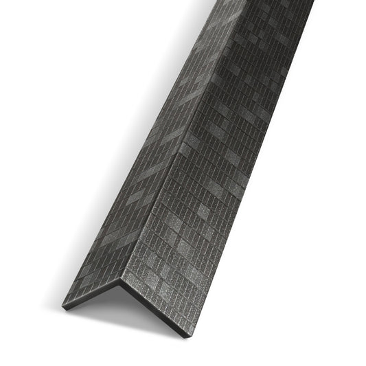 The Landmark Decor Obsidian Gridstone Interior WPC Panel Corner is a black, L-shaped metal angle with a textured surface, designed for neat panel junctions or corners, shown against a white background.