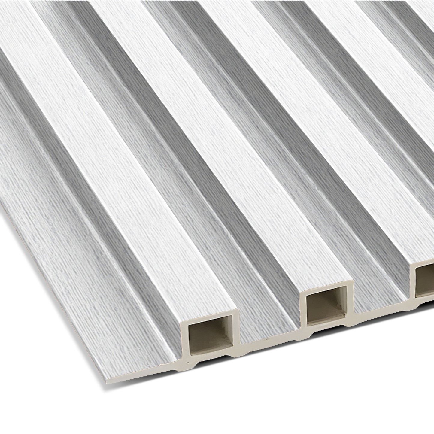 Close-up of the Landmark Decor Cloud Veil WPC Fluted Slat Wall Panel—a white, rectangular interior panel with a grooved surface and hollow core, ideal for accent walls and improved sound insulation.