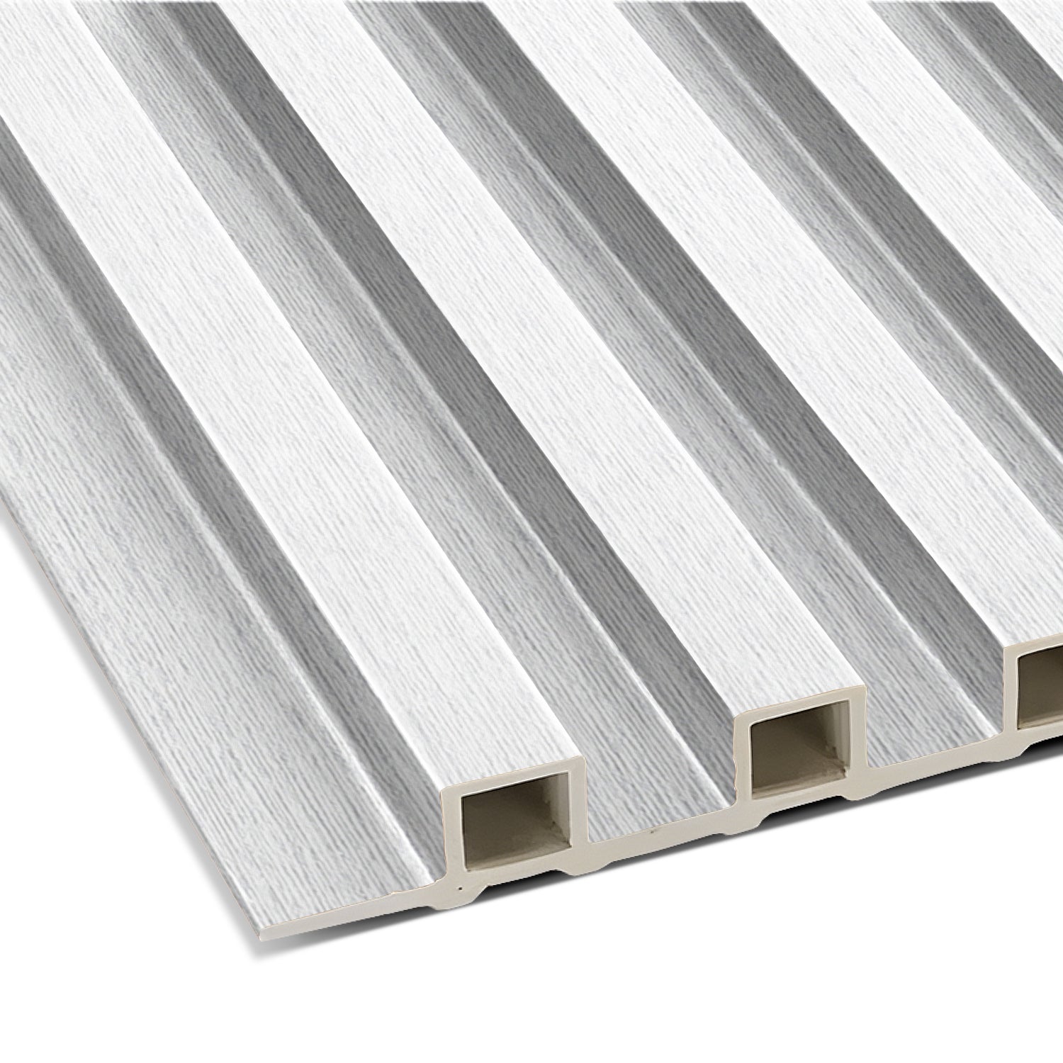 Close-up of the Landmark Decor Cloud Veil WPC Fluted Slat Wall Panel—a white, rectangular interior panel with a grooved surface and hollow core, ideal for accent walls and improved sound insulation.