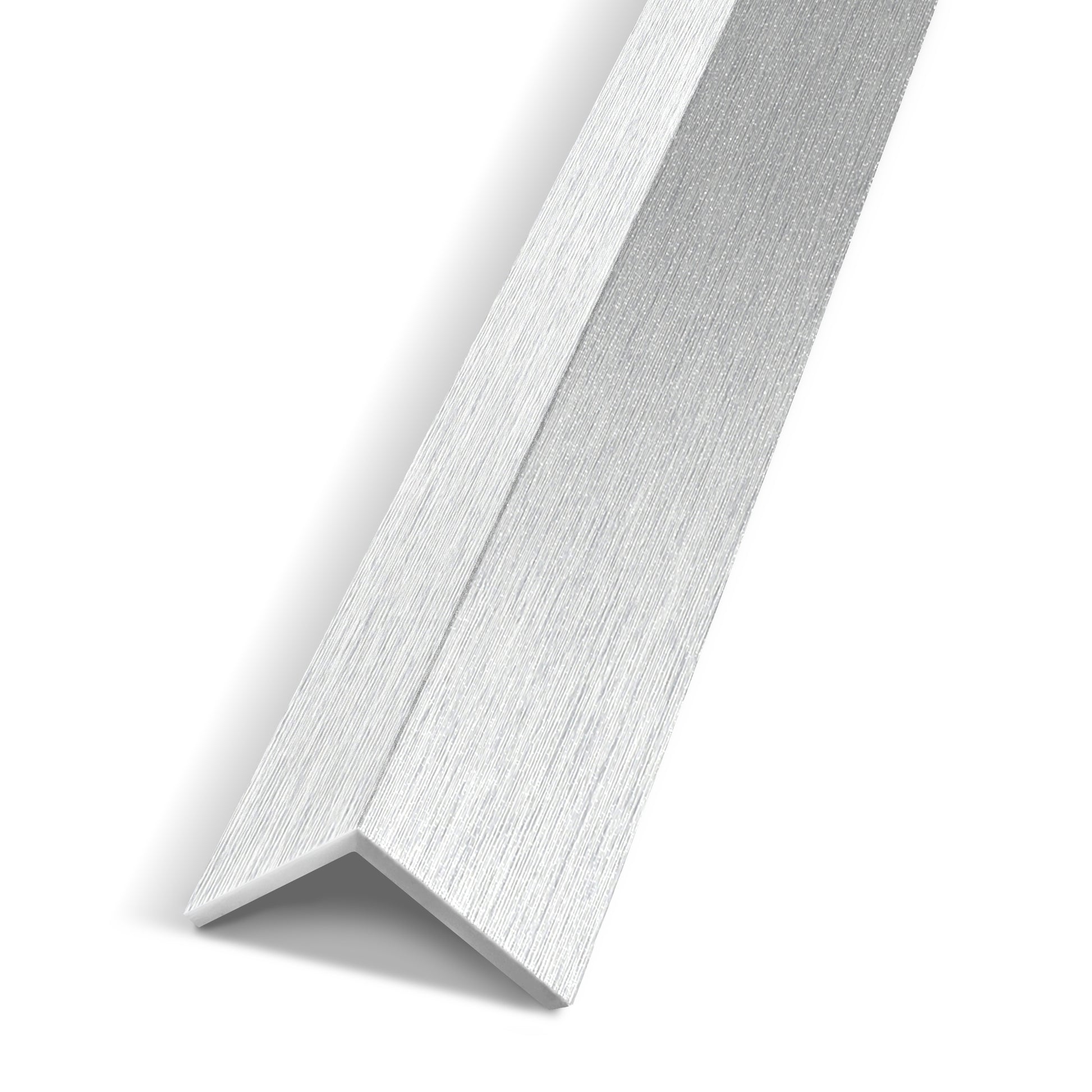 A close-up of the Landmark Decor Cloud Veil Interior WPC Panel Corner, featuring a silver brushed finish, shown diagonally on a white background—perfect for wall panel corners or interior wall trim.