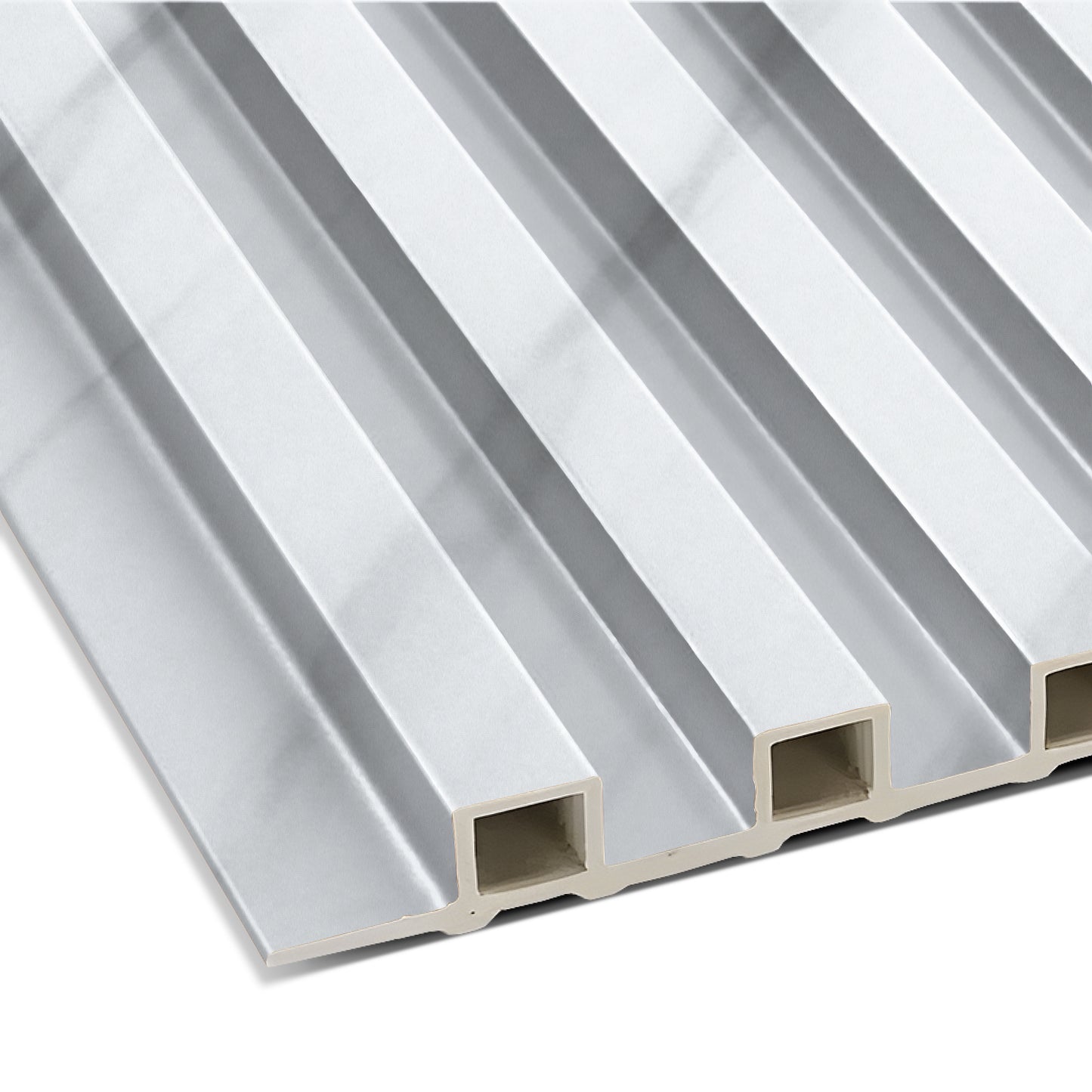 Close-up of the Landmark Decor Light Smoke WPC Fluted Slat Wall Panel, featuring rectangular grooves and a glossy finish—perfect for modern accent walls or stylish interior paneling.