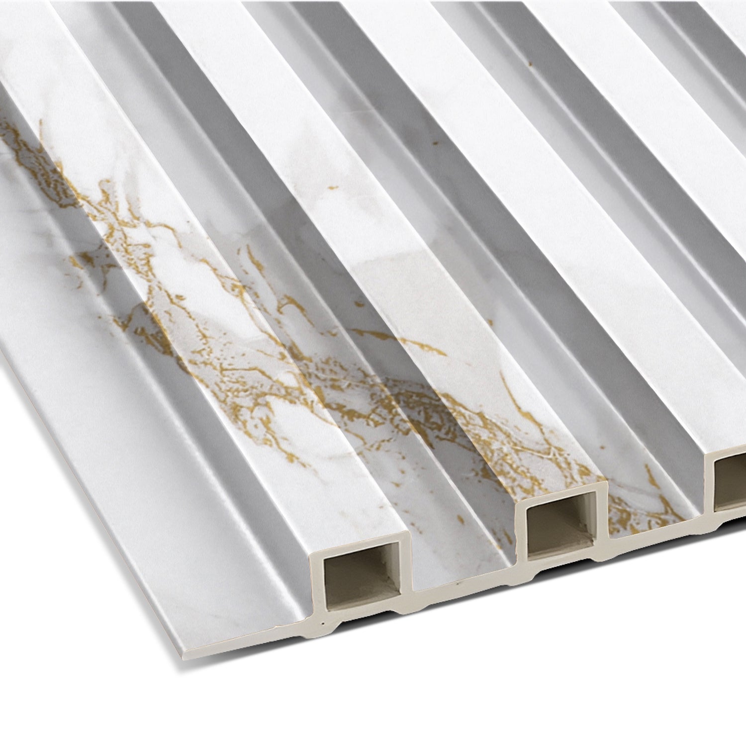 Close-up of the Calacatta Dawn WPC Fluted Slat Wall Panel by Landmark Decor, showcasing a white grooved surface with marble-like gold veining—an elegant accent for modern wall cladding.