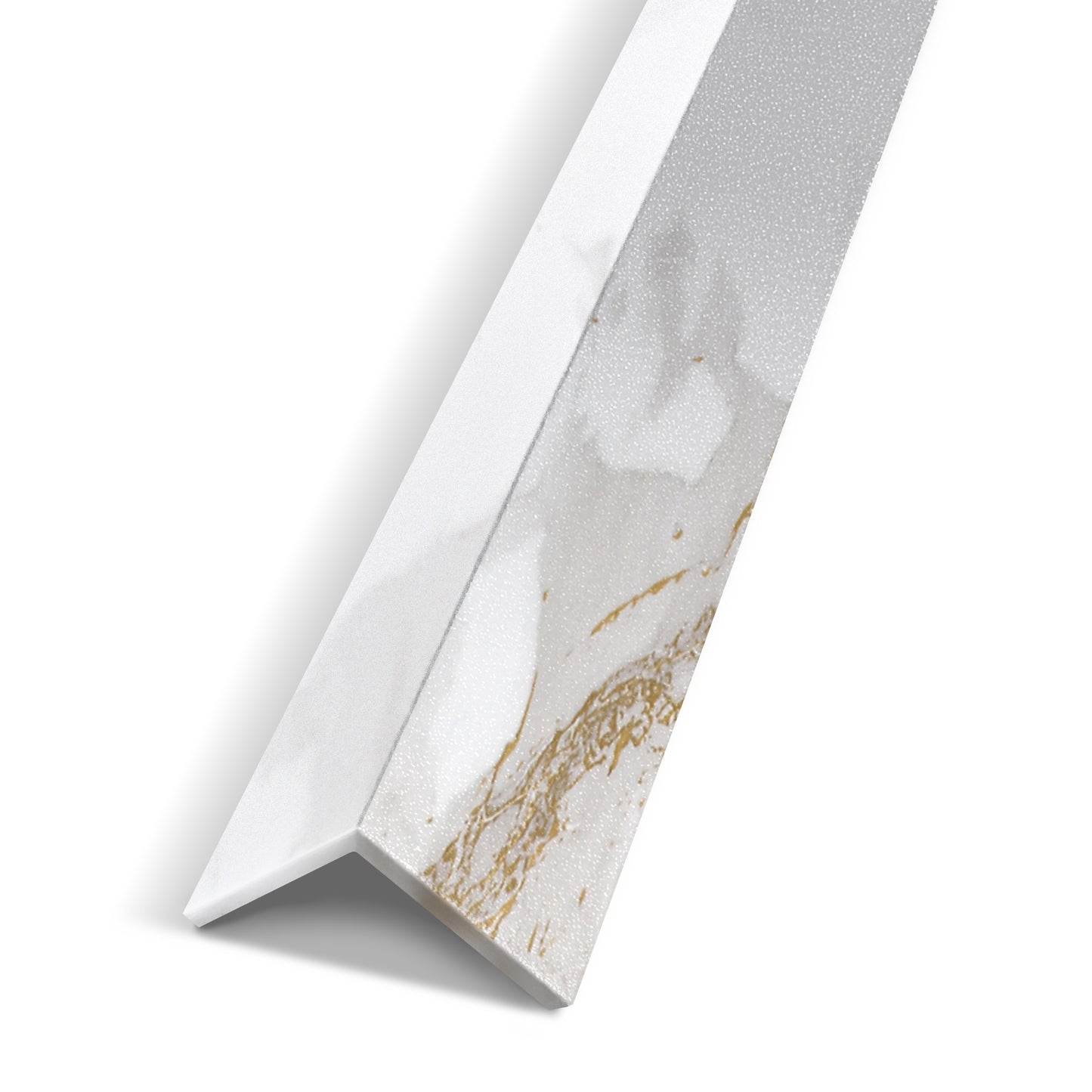 The Landmark Decor Calacatta Dawn Interior WPC Panel Corner is a white and gold marble-patterned L-shaped trim, ideal for wall panel corners and enhancing interior design, shown here on a white background.