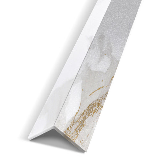 The Landmark Decor Calacatta Dawn Interior WPC Panel Corner is a white and gold marble-patterned L-shaped trim, ideal for wall panel corners and enhancing interior design, shown here on a white background.
