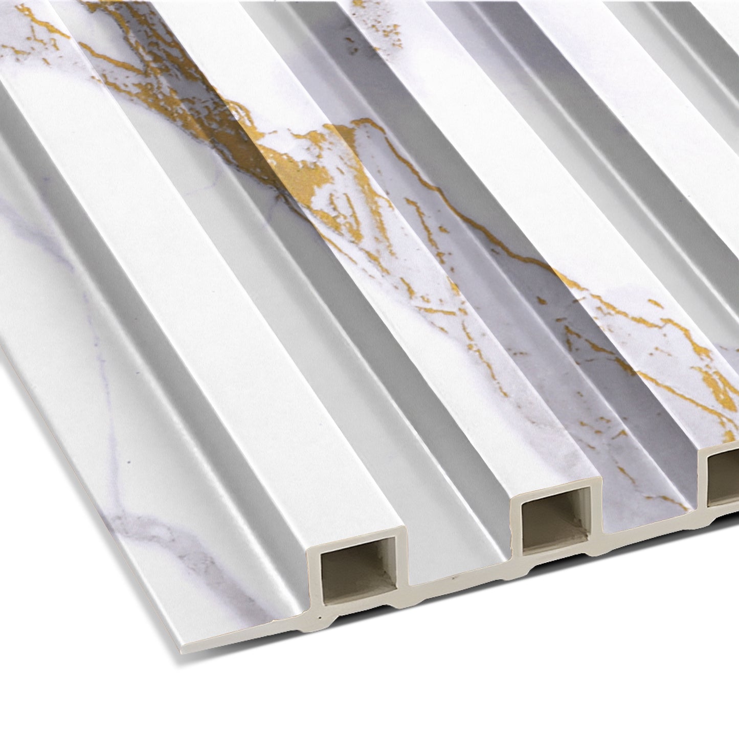 Close-up of Landmark Decor's Calacatta Ember WPC Fluted Slat Wall Panel, featuring white marble and gold veining with a grooved, rectangular hollow structure—perfect for accent walls or stylish interiors.