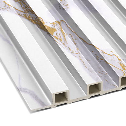 Close-up of Landmark Decor's Calacatta Ember WPC Fluted Slat Wall Panel, featuring white marble and gold veining with a grooved, rectangular hollow structure—perfect for accent walls or stylish interiors.