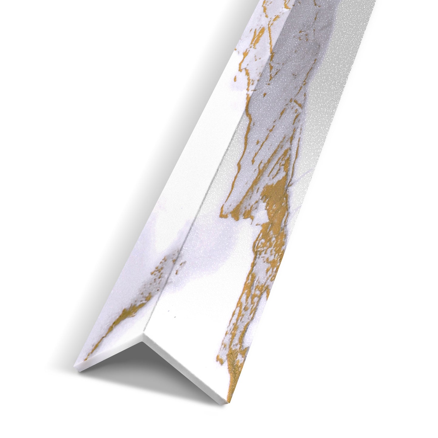 A close-up of Landmark Decor's Calacatta Ember Interior WPC Panel Corner, featuring marble-like gold and gray veining—ideal for elegantly finishing wall panel corners—set against a white background.