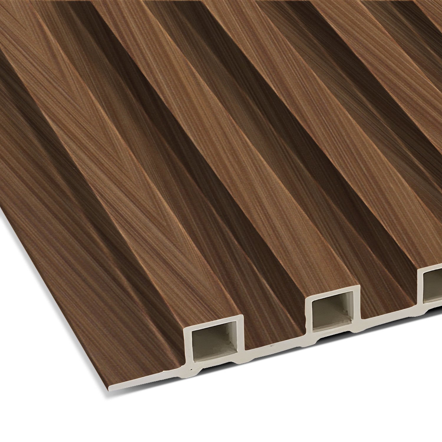 A close-up of the Landmark Decor Cognac Chevron WPC Fluted Slat Wall Panel, featuring a grooved, hollow rectangular design and wood-patterned finish—ideal for stylish wall cladding or modern accent walls.