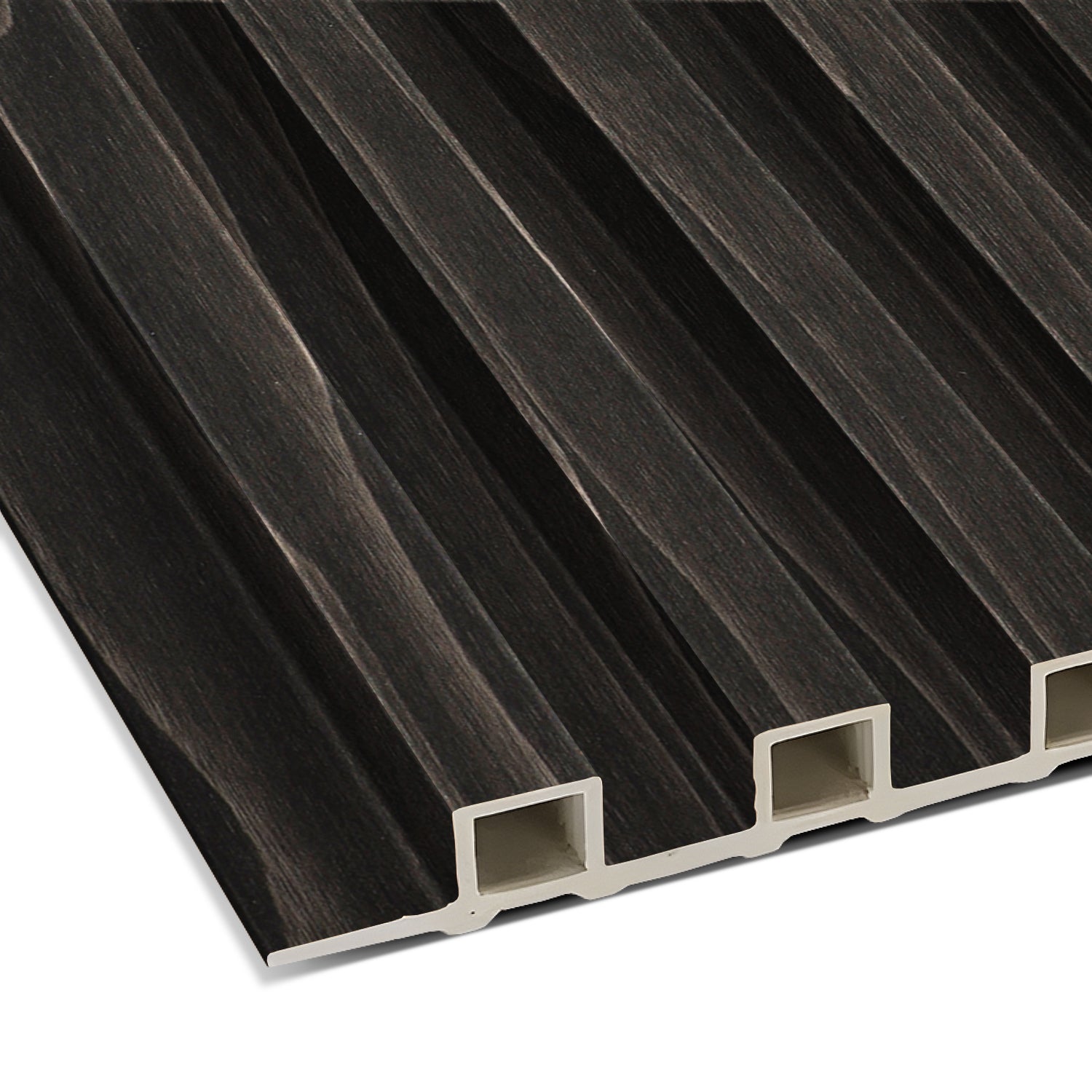 A close-up of the Landmark Decor Smoked Walnut Flow WPC Fluted Slat Wall Panel shows its dark, wood-textured finish and vertical grooves—ideal for stylish accent walls or modern interiors.