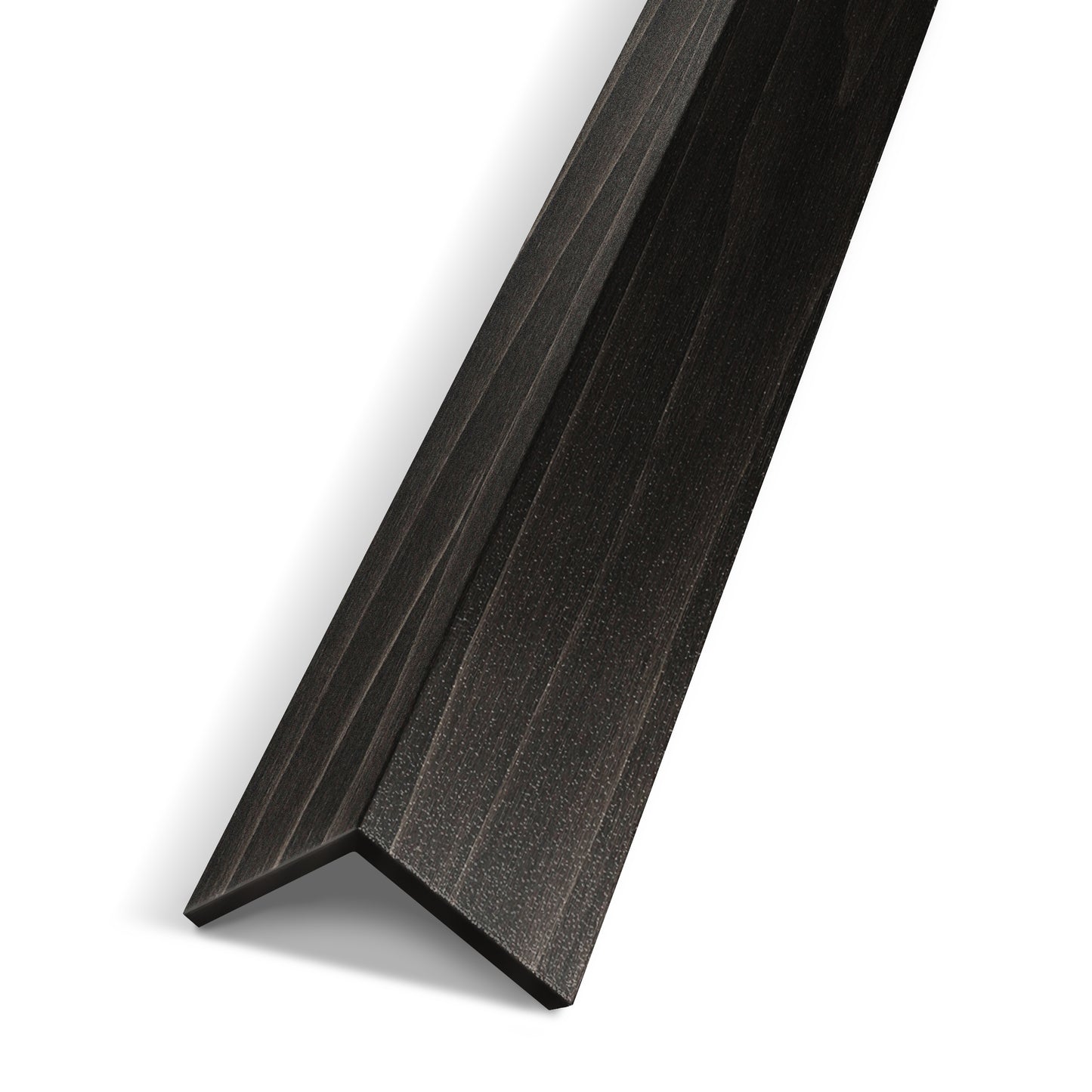 The Landmark Decor Smoked Walnut Flow Interior WPC Panel Corner is a black, L-shaped wooden trim for finishing panel corners and wall edges, perfect for neat interior junctions.