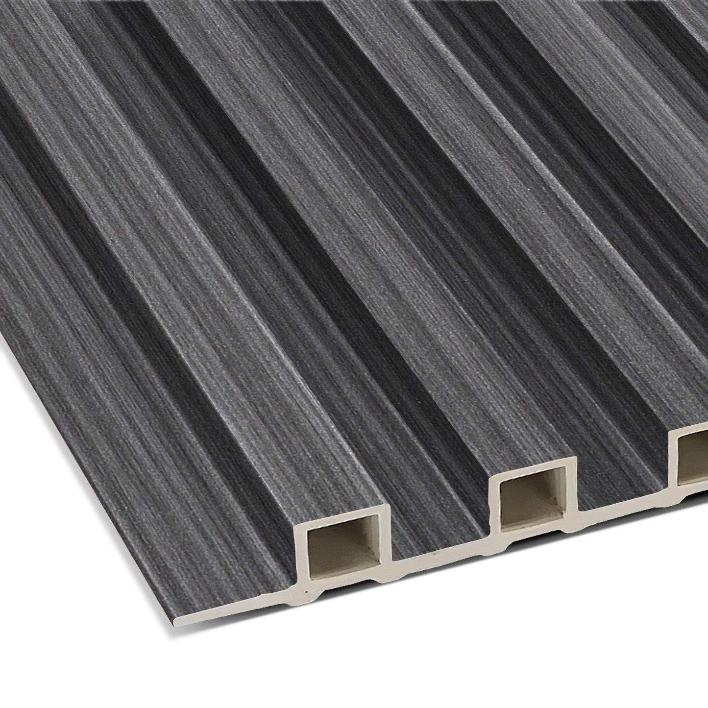 Close-up of the Landmark Decor Graphite Strata WPC Fluted Slat Wall Panel featuring alternating light and dark gray stripes—ideal for accent walls, wall cladding, or decking projects.