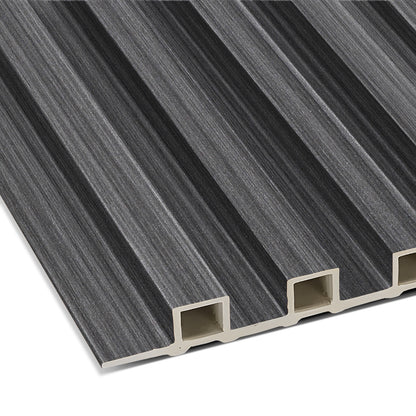 Close-up of the Landmark Decor Graphite Strata WPC Fluted Slat Wall Panel featuring alternating light and dark gray stripes—ideal for accent walls, wall cladding, or decking projects.