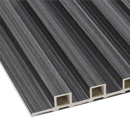 Close-up of the Landmark Decor Graphite Strata WPC Fluted Slat Wall Panel featuring alternating light and dark gray stripes—ideal for accent walls, wall cladding, or decking projects.