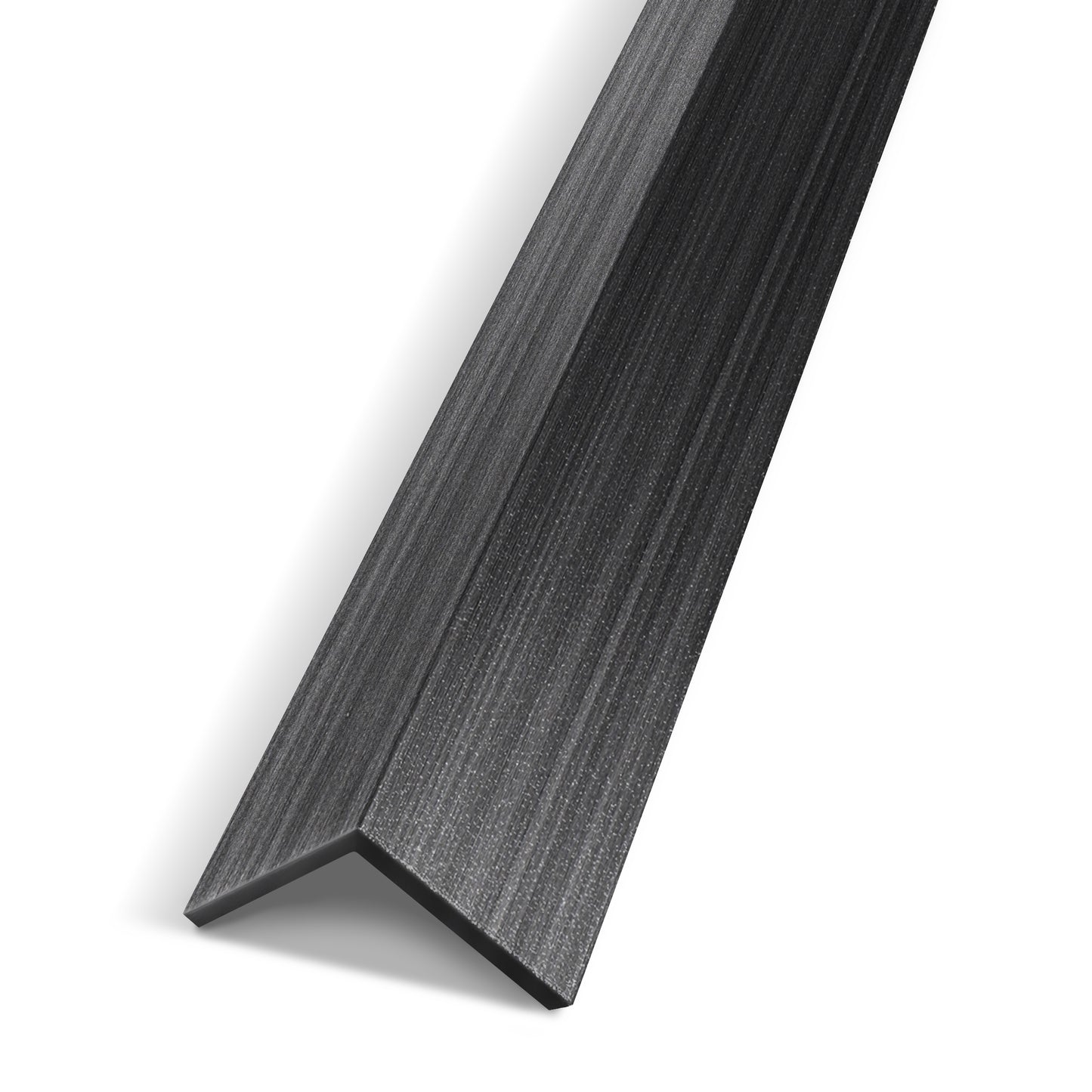 The Landmark Decor Graphite Strata Interior WPC Panel Corner is an L-shaped, black metal angle bar, perfect for wall panel corners or upgrading interior wall design, shown on a white background.