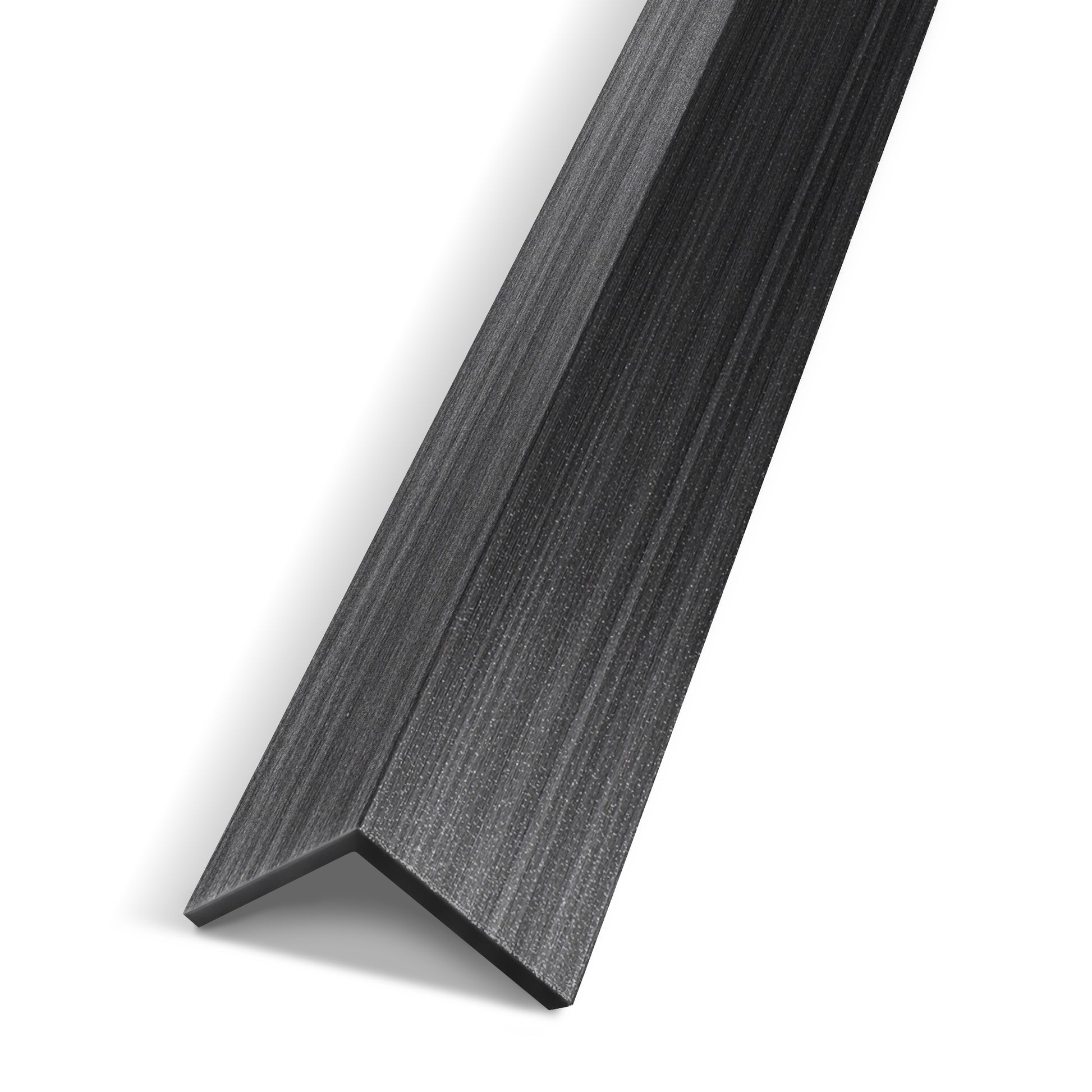 The Landmark Decor Graphite Strata Interior WPC Panel Corner is an L-shaped, black metal angle bar, perfect for wall panel corners or upgrading interior wall design, shown on a white background.