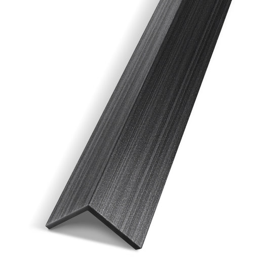 The Landmark Decor Graphite Strata Interior WPC Panel Corner is an L-shaped, black metal angle bar, perfect for wall panel corners or upgrading interior wall design, shown on a white background.