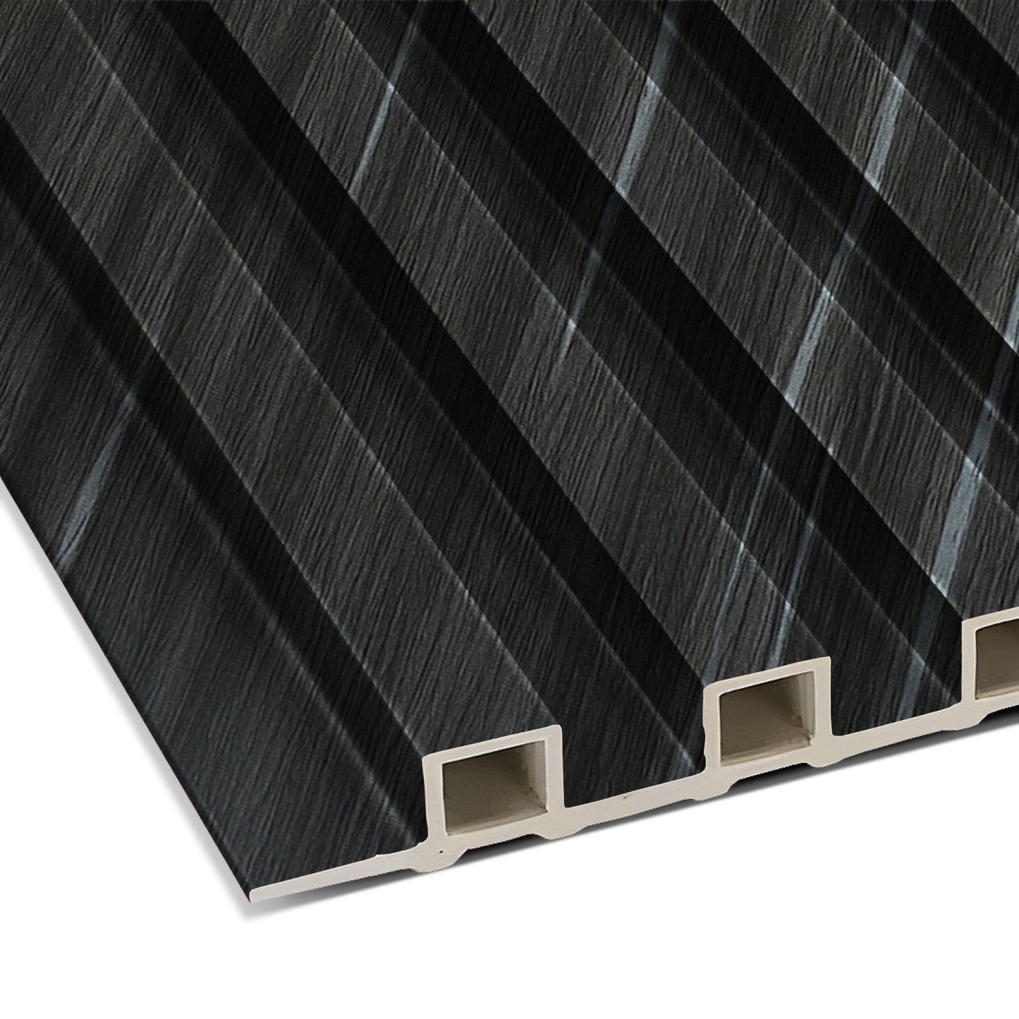 The Landmark Decor Carbon Black with Diagonal Texture WPC Fluted Slat Wall Panel features a black and gray striped surface with four hollow channels, perfect for stylish accent walls or modern interior cladding.