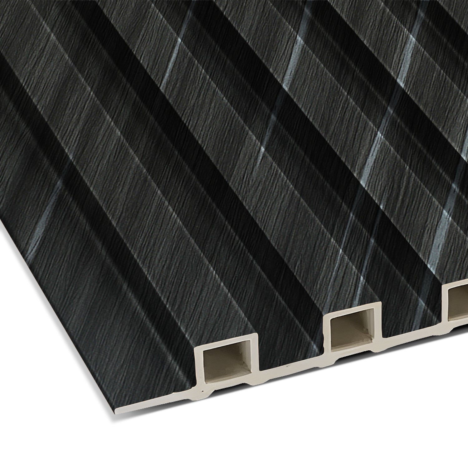The Landmark Decor Carbon Black with Diagonal Texture WPC Fluted Slat Wall Panel features a black and gray striped surface with four hollow channels, perfect for stylish accent walls or modern interior cladding.