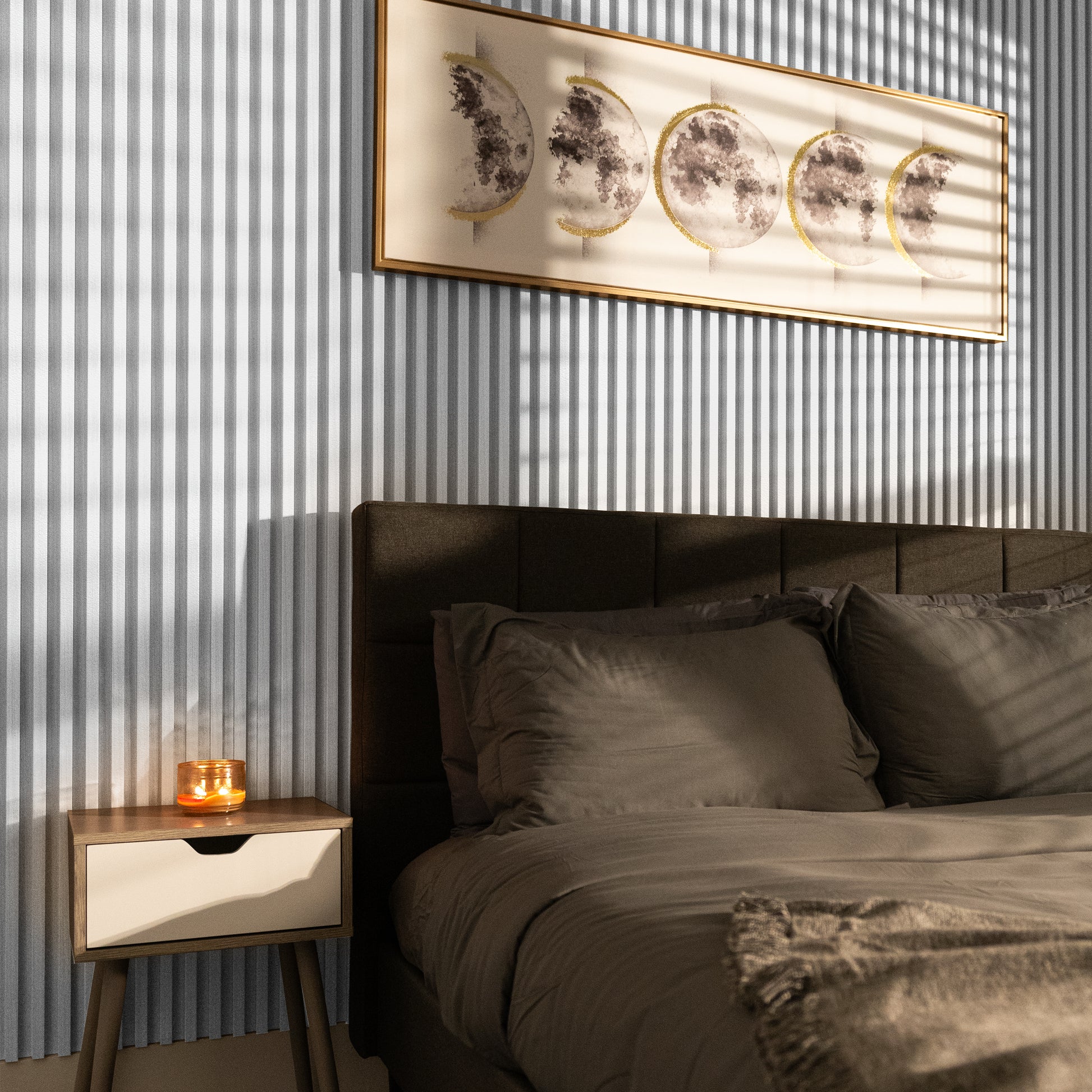A bed with a bed frame and night stand, complemented by Landmark Decor's Snowline Mattet WPC Fluted Slat Wall Panel for a modern accent.