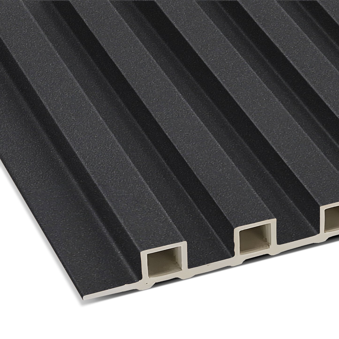 A close-up of the Landmark Decor Obsidian Shadow WPC Fluted Slat Wall Panel shows its black, grooved, rectangular design with hollow channels—perfect for stylish accent walls or contemporary wall cladding.