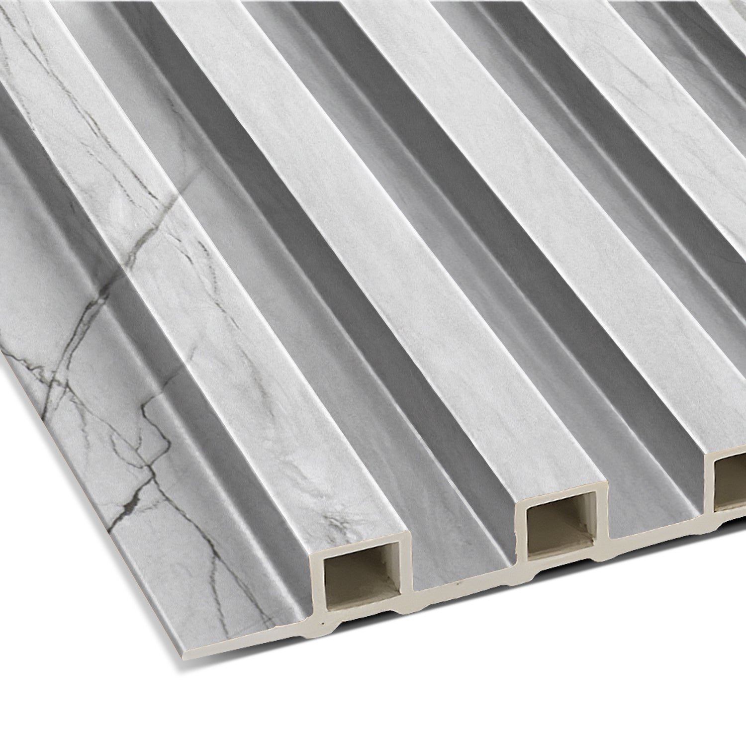 The Landmark Decor Silver Crest Marble WPC Fluted Slat Wall Panel features a rectangular gray and white marble pattern, a ridged surface, and a hollow underside—perfect for stylish accent walls or interior panels.