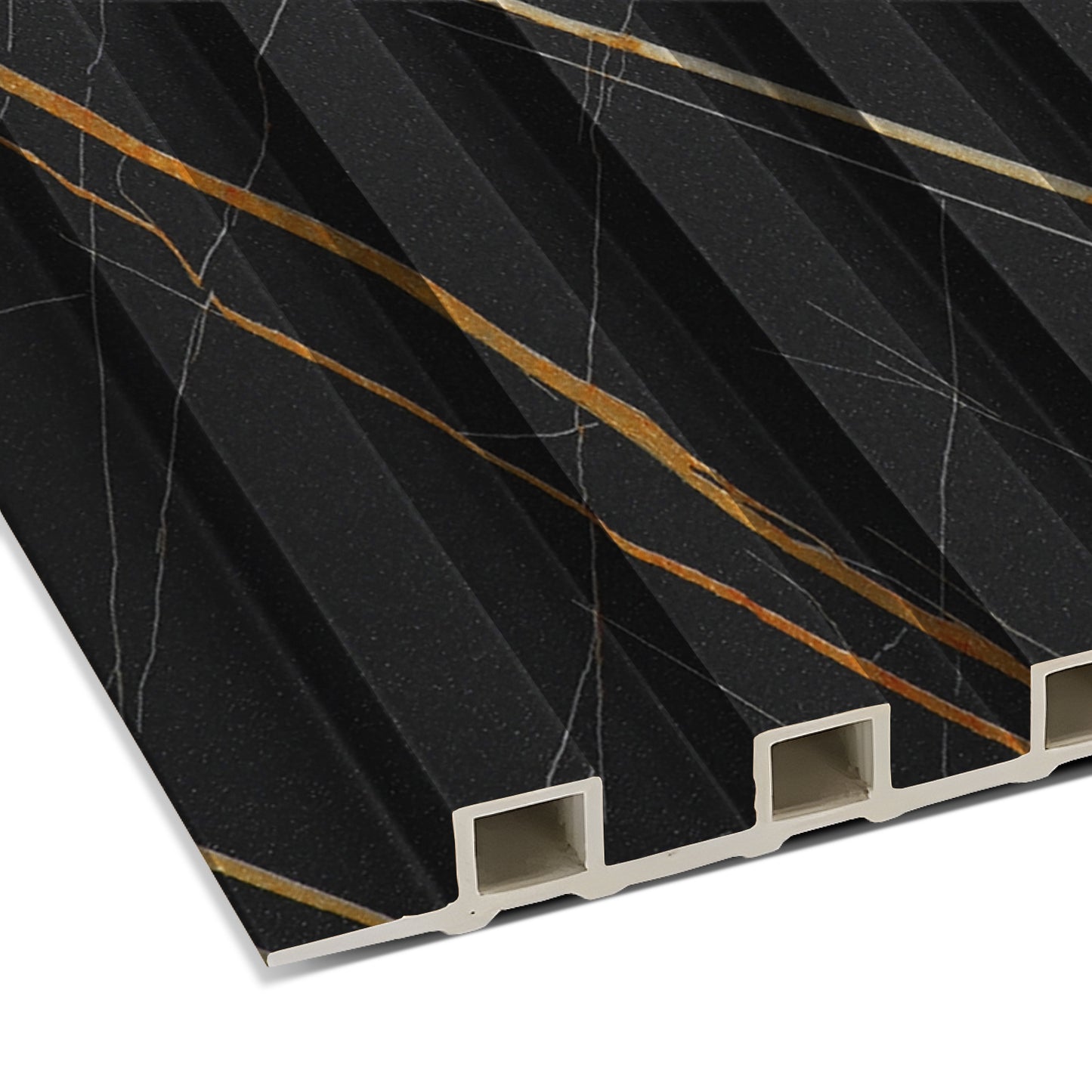 Close-up of the Landmark Decor Molten Nero Vein WPC Fluted Slat Wall Panel—black with gold and white veining, featuring hollow rectangular channels; perfect for accent walls and stylish interior panels.