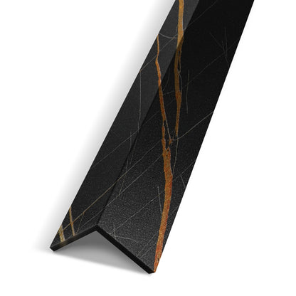The Landmark Decor Molten Nero Vein Interior WPC Panel Corner features black marble with gold and white veins, perfect for panel junctions in wall projects. Shown angled against a white background.