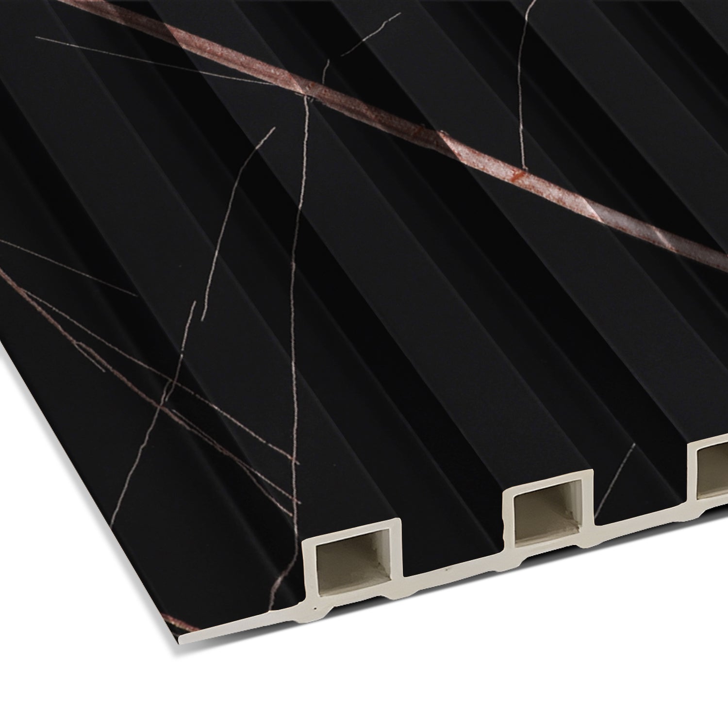 Close-up of the Rosso Noir Vein WPC Fluted Slat Wall Panel by Landmark Decor—black, ridged cladding with thin white and brown veins and hollow rectangular edges, perfect for modern accent walls.
