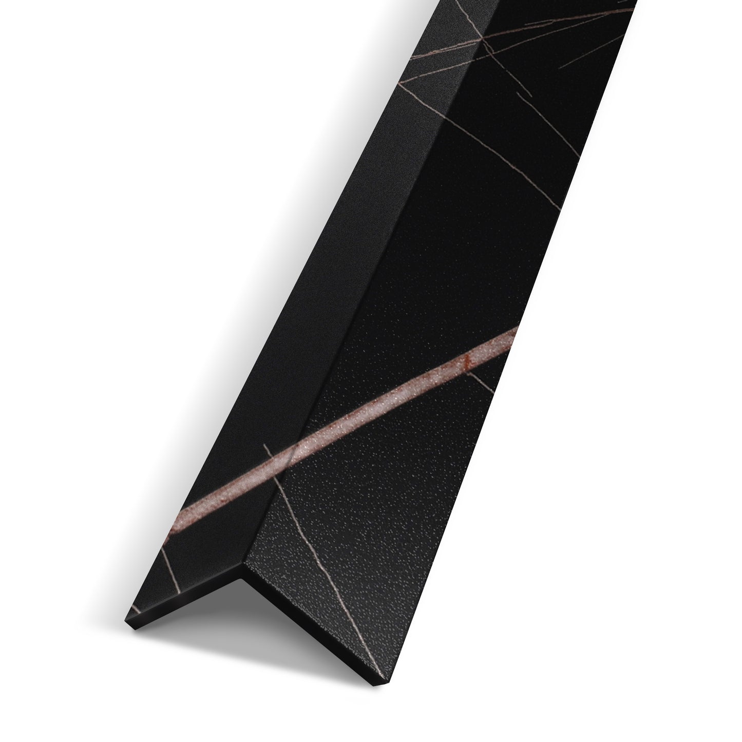 The Landmark Decor Rosso Noir Vein Interior WPC Panel Corner is a black marble-look L-shaped trim with white and brown veining, ideal for finishing wall edges in any wall project.