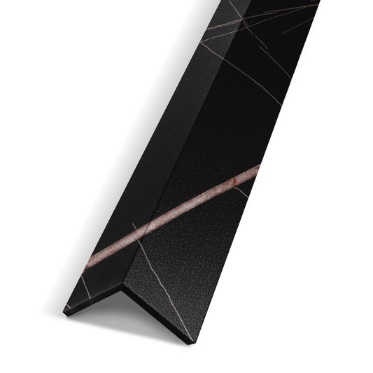 The Landmark Decor Rosso Noir Vein Interior WPC Panel Corner is a black marble-look L-shaped trim with white and brown veining, ideal for finishing wall edges in any wall project.