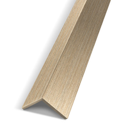 The Landmark Decor Bamboo Grain Interior WPC Panel Corner, featuring a light wood texture and L-shaped design, is ideal for interior wall decor and is displayed on a white background.