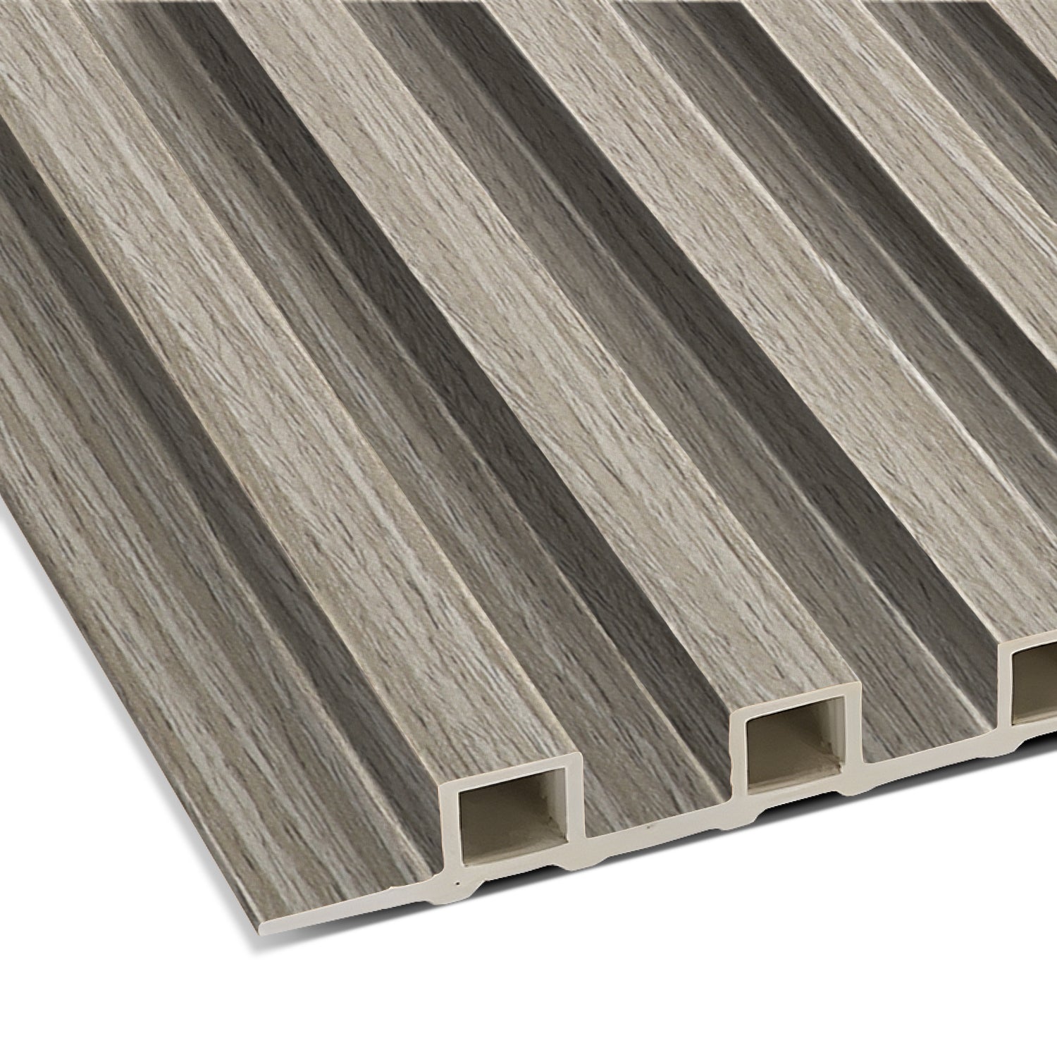 Close-up of the Landmark Decor Ashwood Taupe WPC Fluted Slat Wall Panel, featuring a textured gray wood-look finish, parallel grooves, and hollow rectangular sections on the underside.