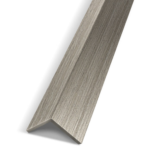 A close-up of the Landmark Decor Ashwood Taupe Interior WPC Panel Corner shows its metallic L-shaped, brushed finish—perfect for finishing wall edges or panel junctions—displayed on a white background.