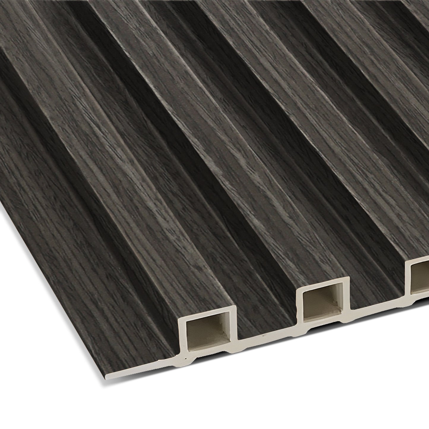 A close-up of Landmark Decor's Smoked Timberline WPC Fluted Slat Wall Panel, featuring a textured dark wood-look and hollow core—ideal for accent walls or modern interiors.