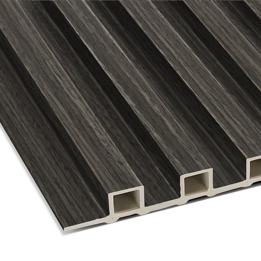 A close-up of Landmark Decor's Smoked Timberline WPC Fluted Slat Wall Panel, featuring a textured dark wood-look and hollow core—ideal for accent walls or modern interiors.