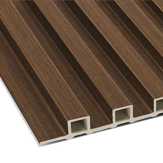 A close-up of the Landmark Decor Toasted Walnut WPC Fluted Slat Wall Panel, featuring a brown wood texture with multiple grooves and open ends—perfect for accent walls or stylish interior paneling.