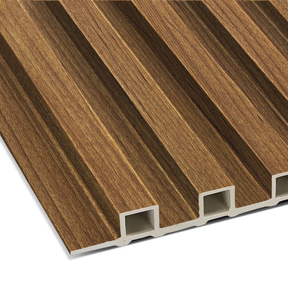 The Landmark Decor Golden Teakwood WPC Fluted Slat Wall Panel features a wood-like finish, parallel grooves, and a hollow core design—perfect for stylish interior panels or wall cladding.