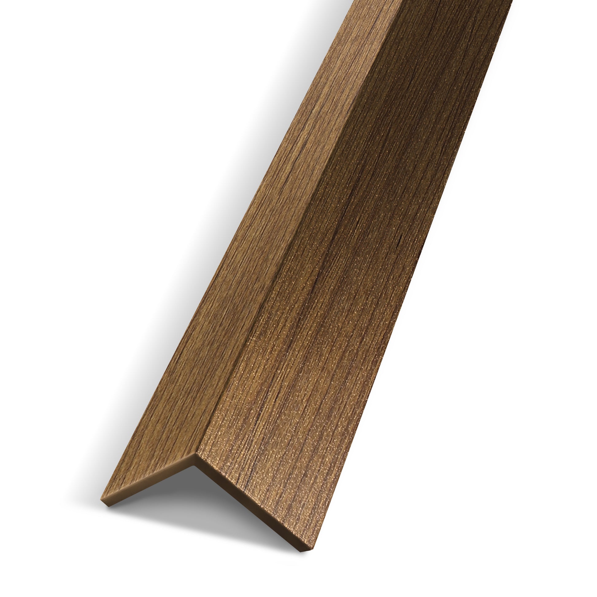 The Landmark Decor Golden Teakwood Interior WPC Panel Corner is an L-shaped wooden trim with a smooth brown finish, ideal for panel corners or wall edge trim, shown on a white background.